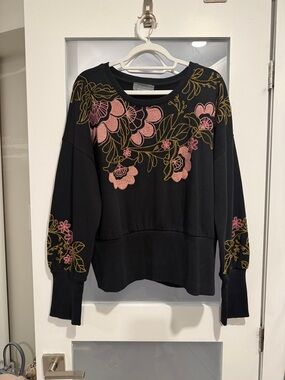 Anthropologie Black Sweater with Pink & Gold Floral Embroidery